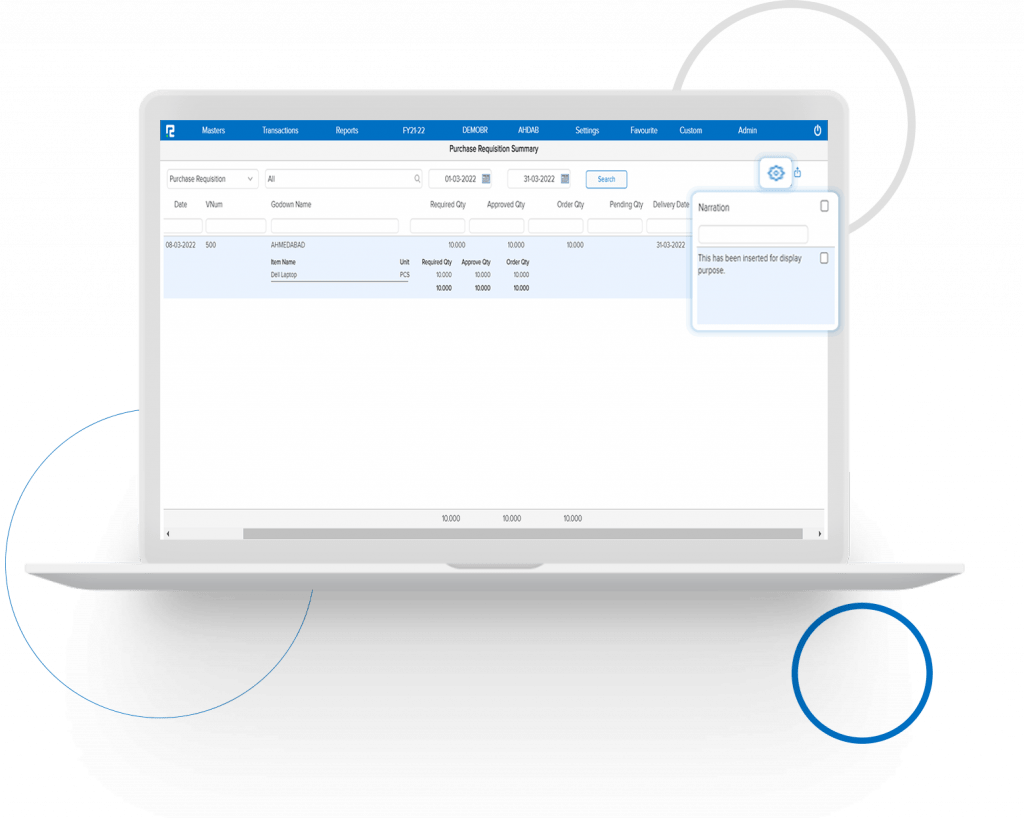 Narration Inclusion in Purchase Requisition Summary Report