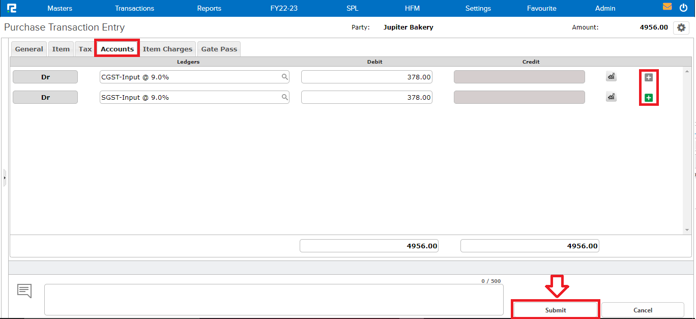 Accounts tab for manual entry
