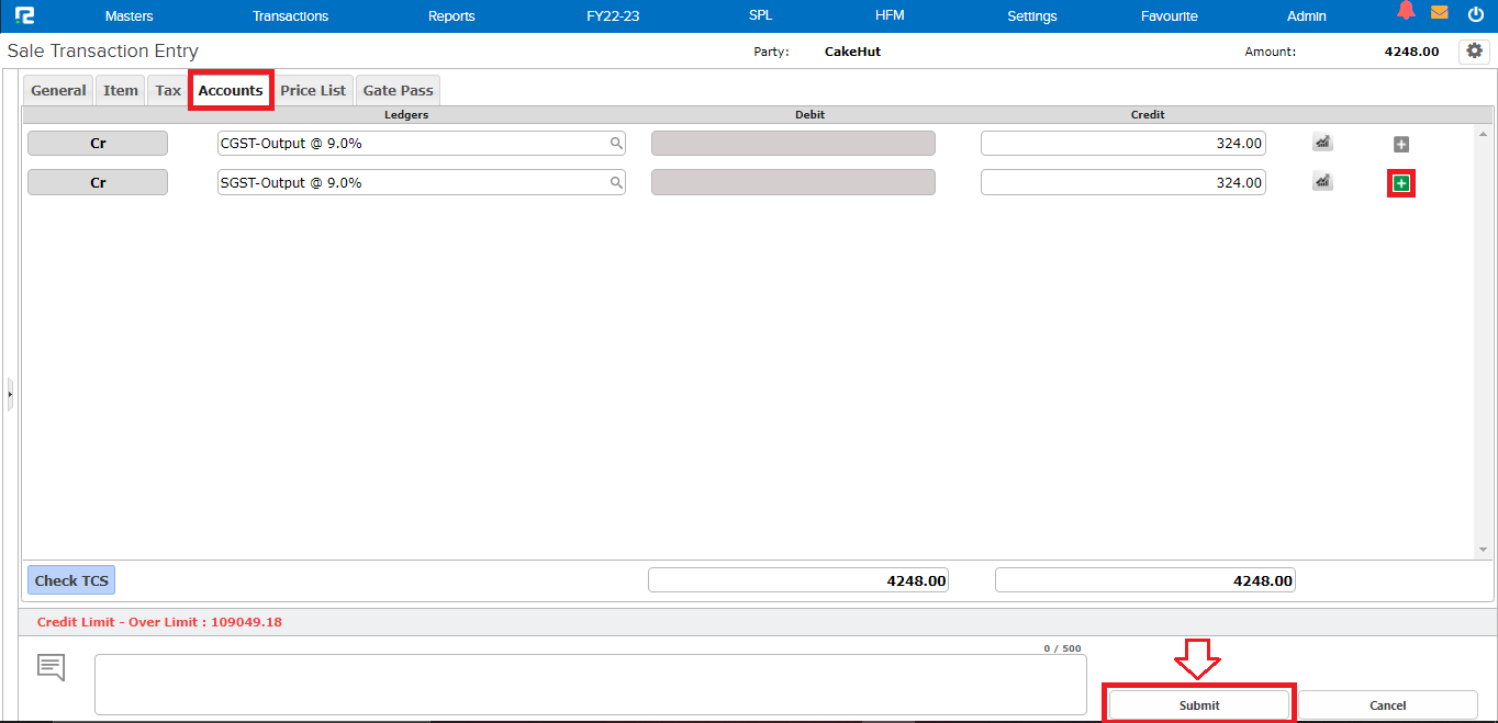 Accounts tab in sale manual
