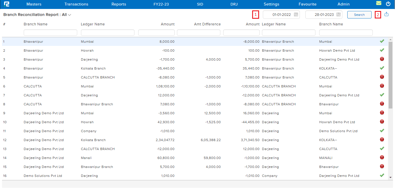 Branch Reconciliation Report Screen