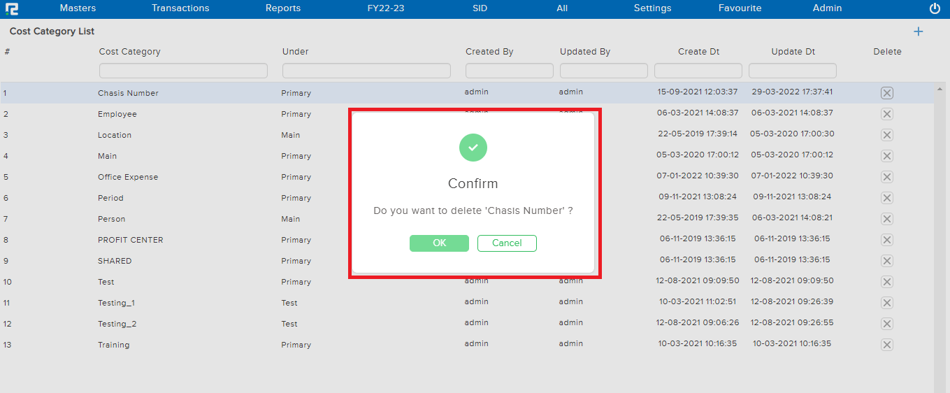 Cost Category Delete Confirmation