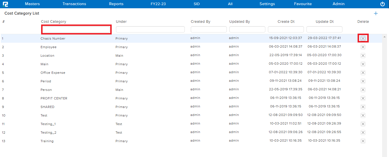 Cost Category Delete page