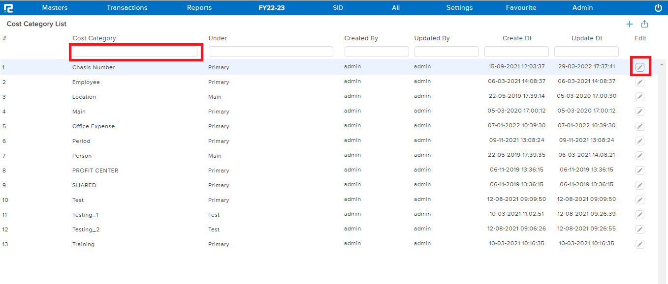 Cost Category Edit page