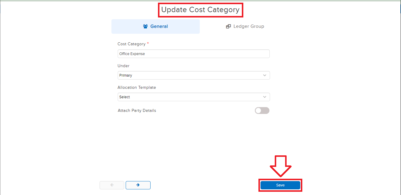 Cost Category Update Page