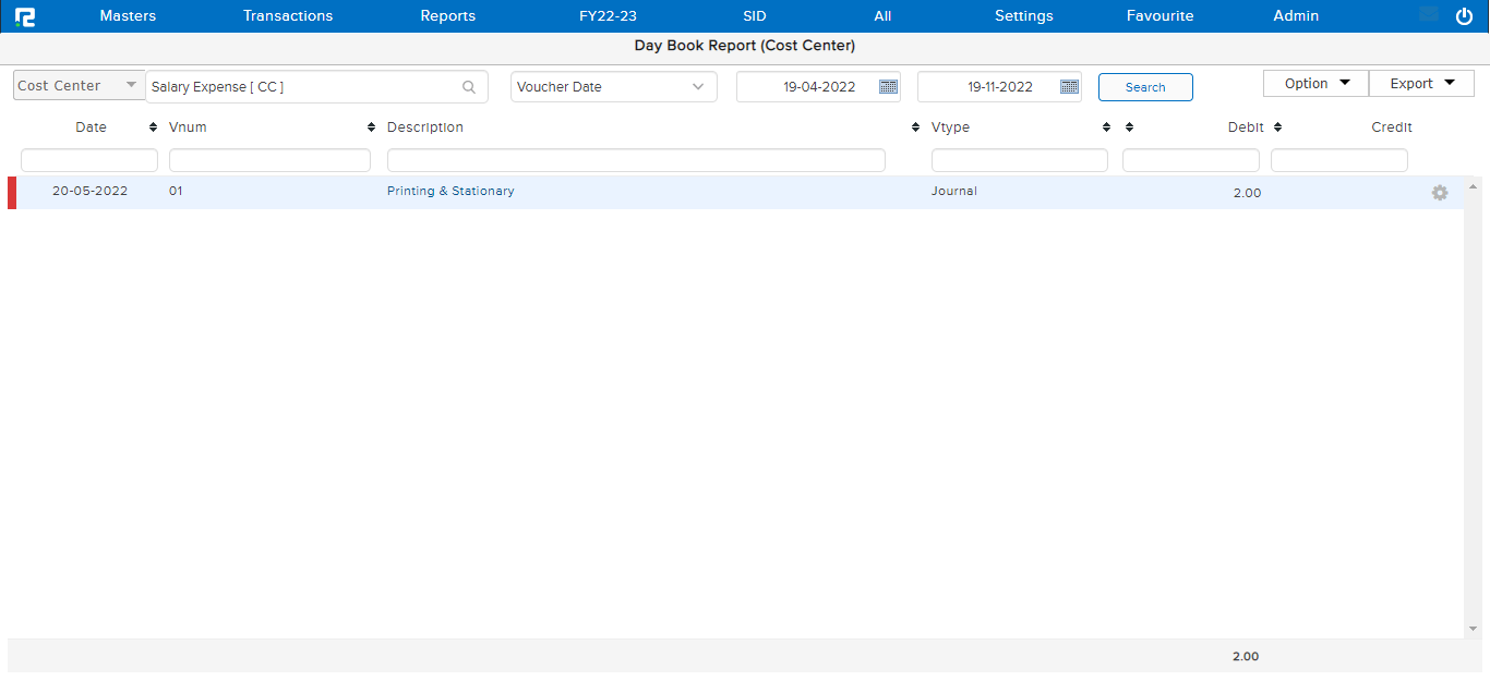 Cost centre wise daybook report
