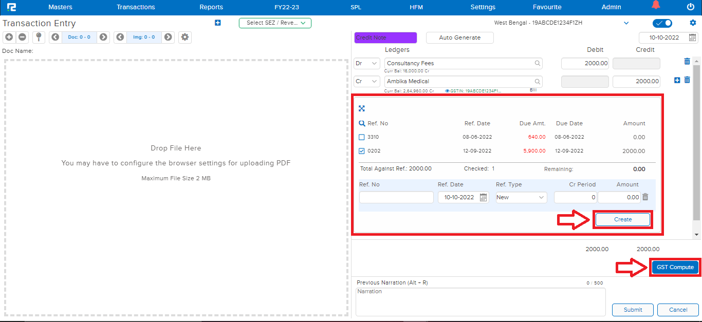 Credit note bill popup and GST computation