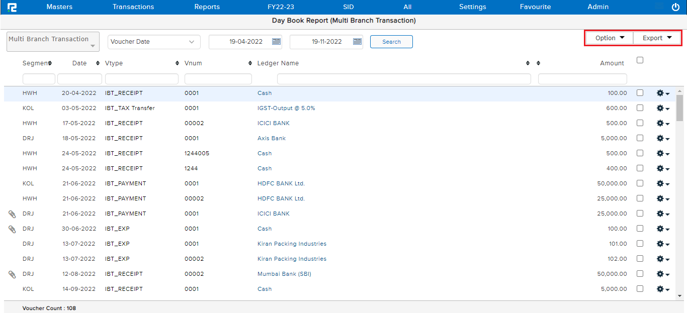 Daybook multi-branch transfer Report