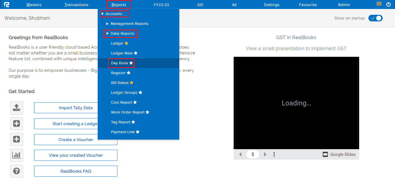 Daybook report path