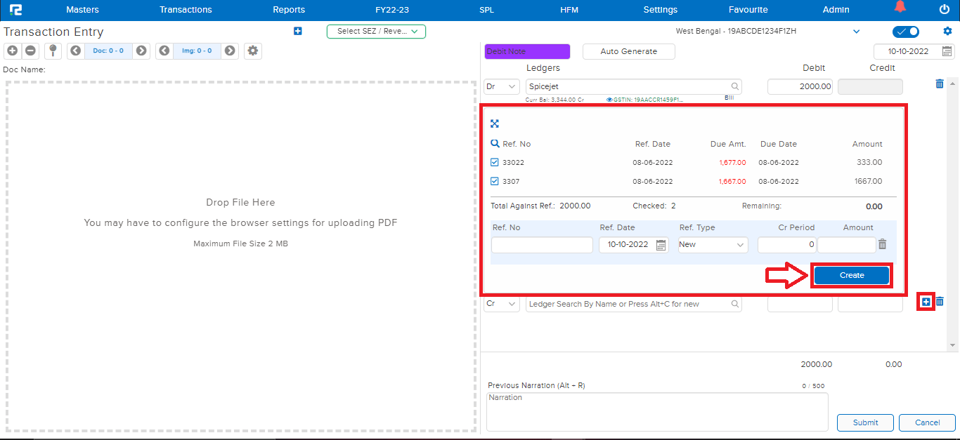Debit note bill pop-up and create