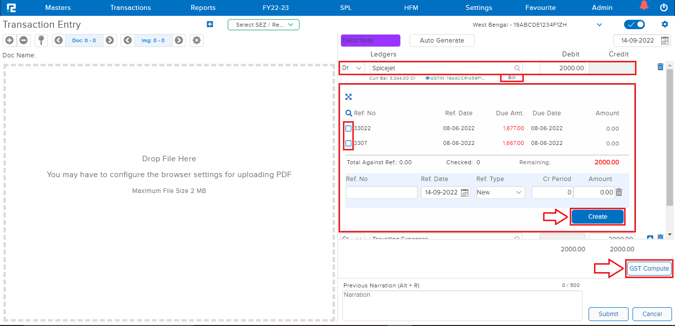 Debit Note Bill pop-up and GST computation