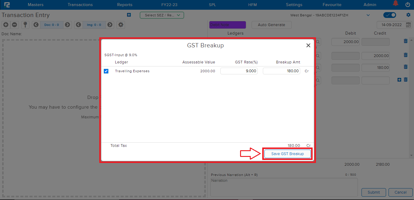 Debit note GST break up
