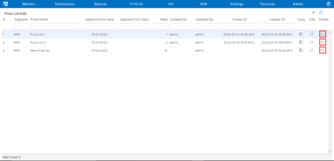 Delete Screen For Price list