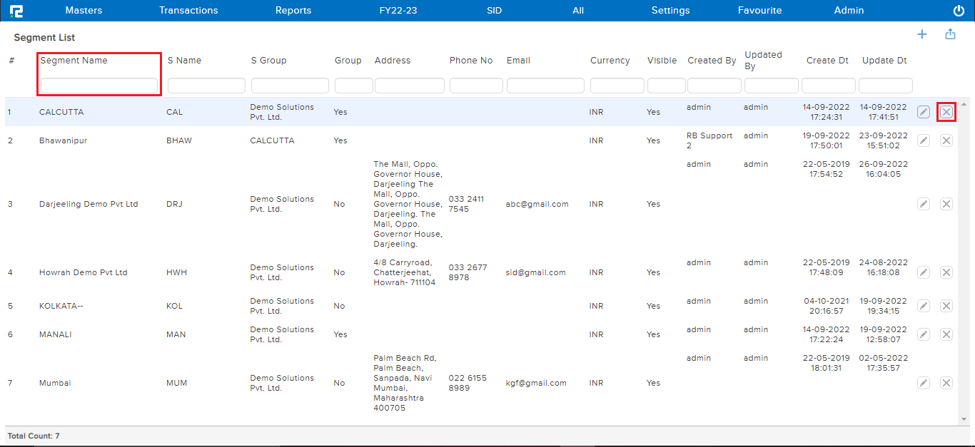 Delete screen for segment