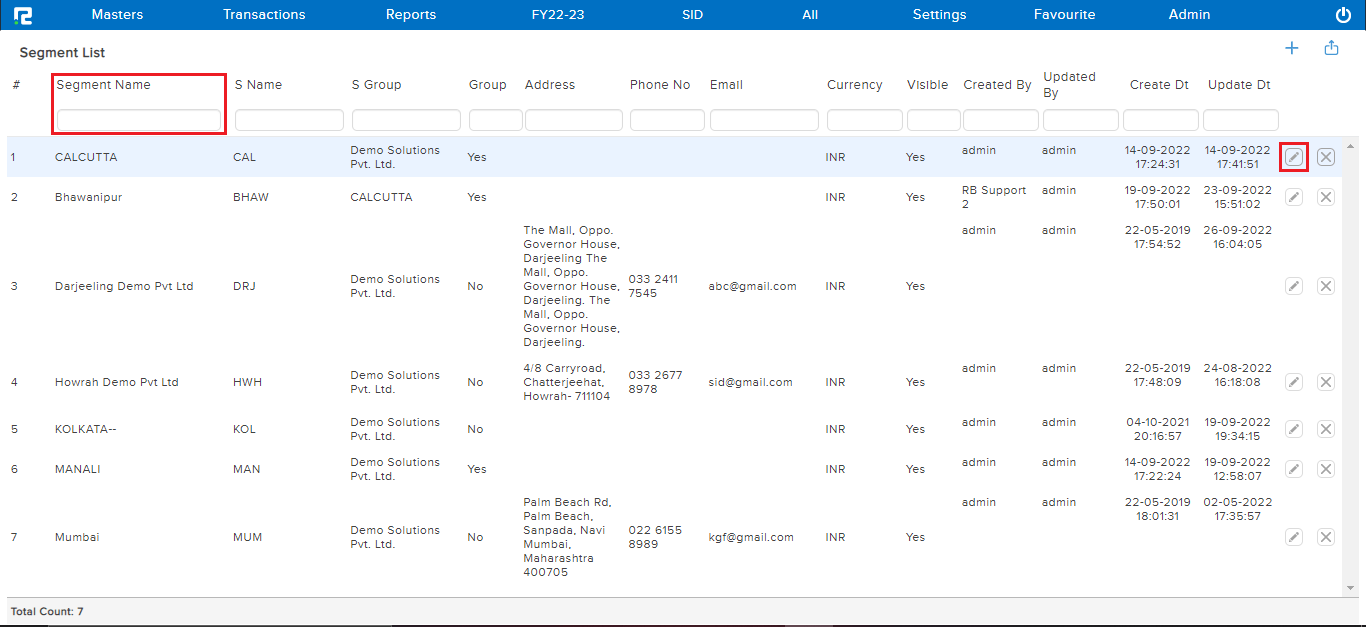 Edit screen for Segment