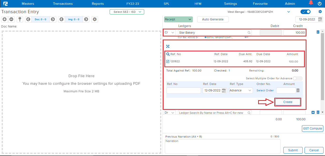 Entry and bill details pop-up