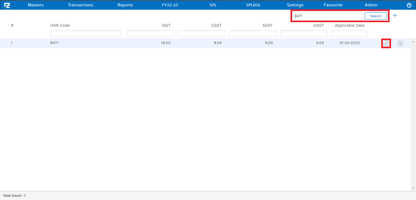 HSN rate list in edit screen