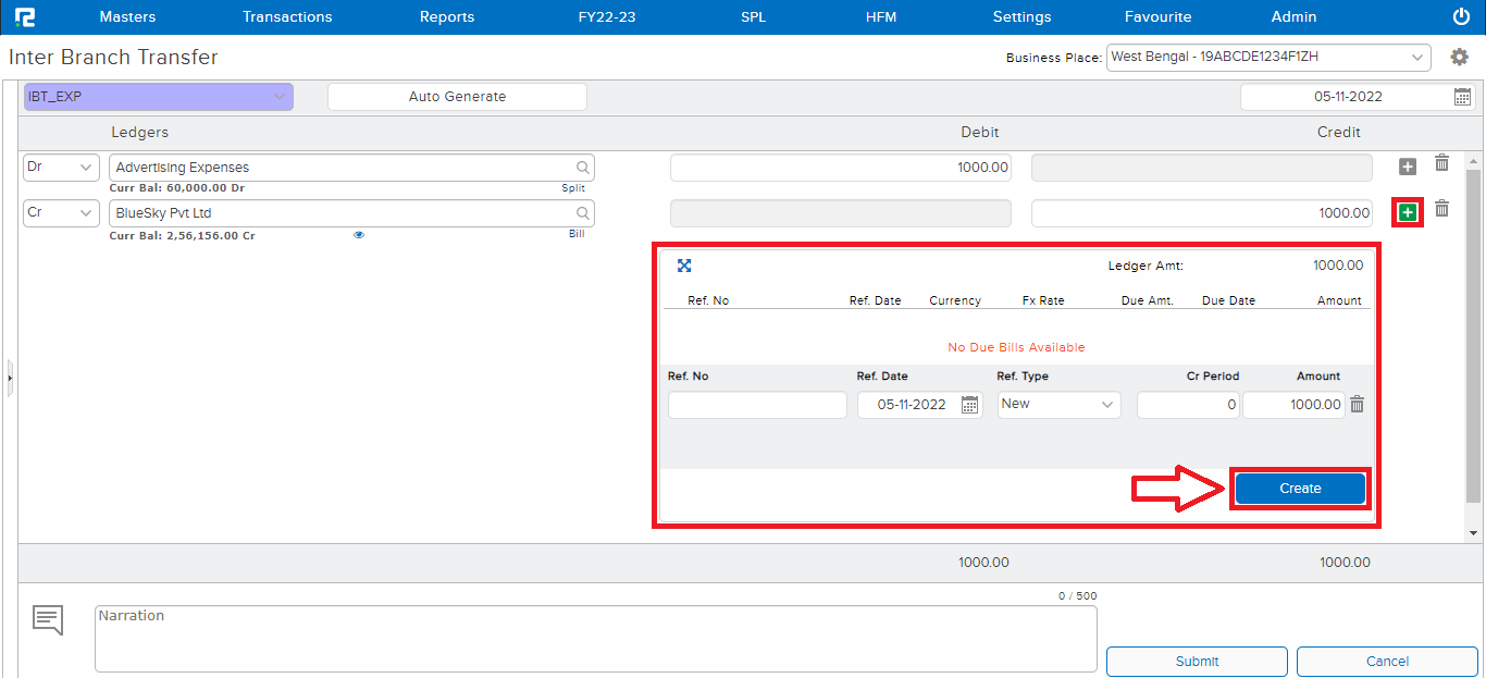 IBT BILL CREATE OPTION