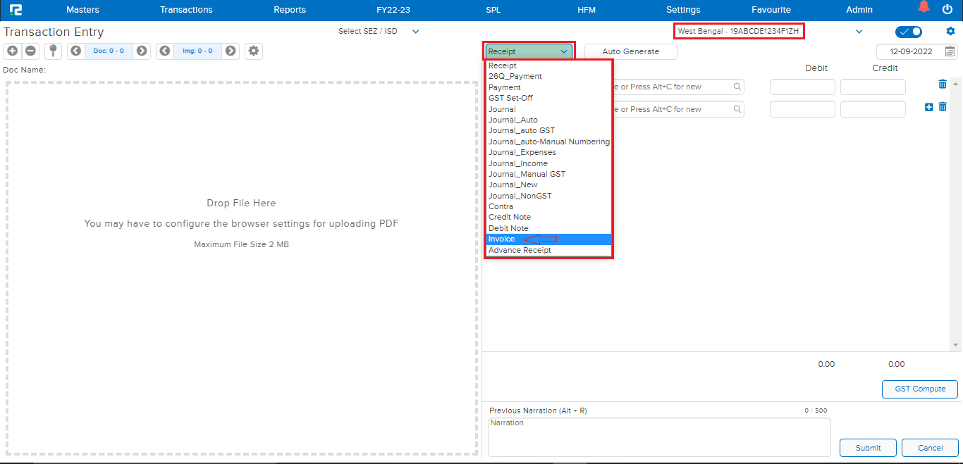 Invoice Voucher type selection