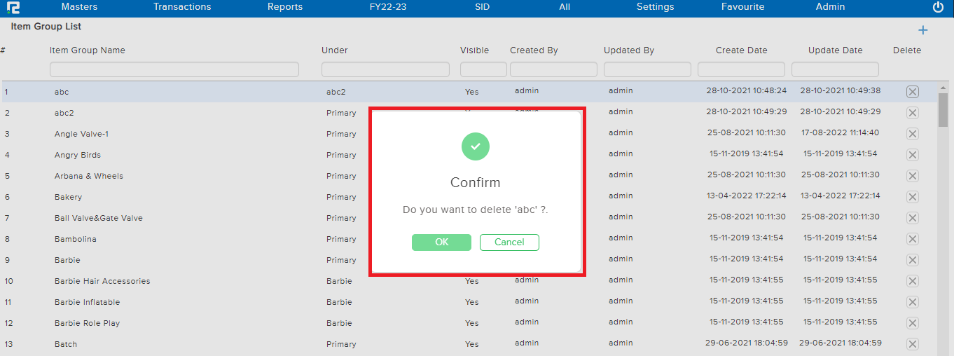 Item Group Delete Confirmation Popup