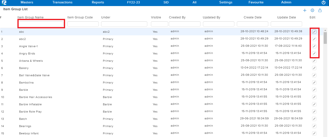 Item Group Edit List