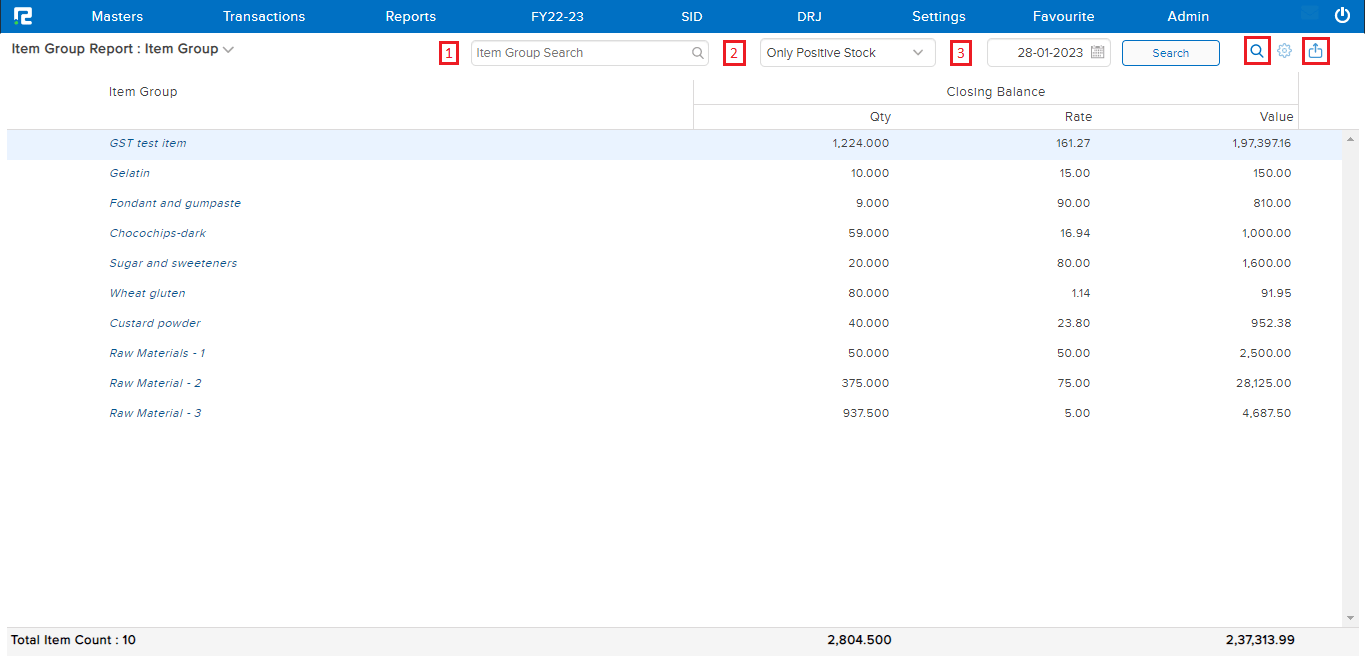 Item Group Report Screen
