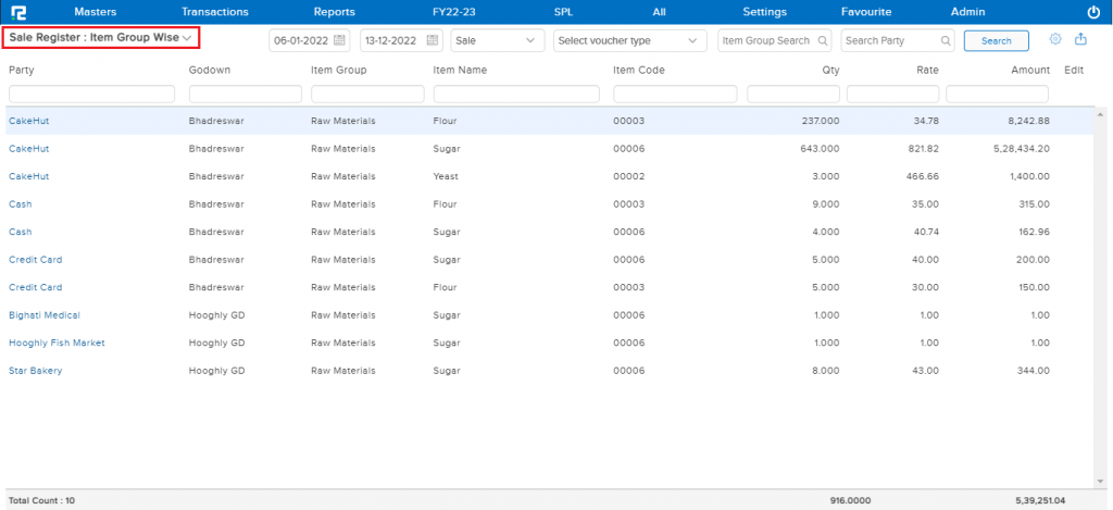 Sale Register - RealBooks | Cloud Accounting Software