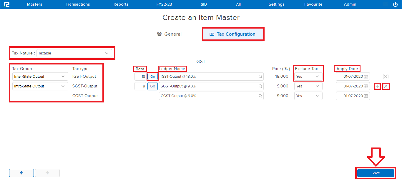Item tax tab