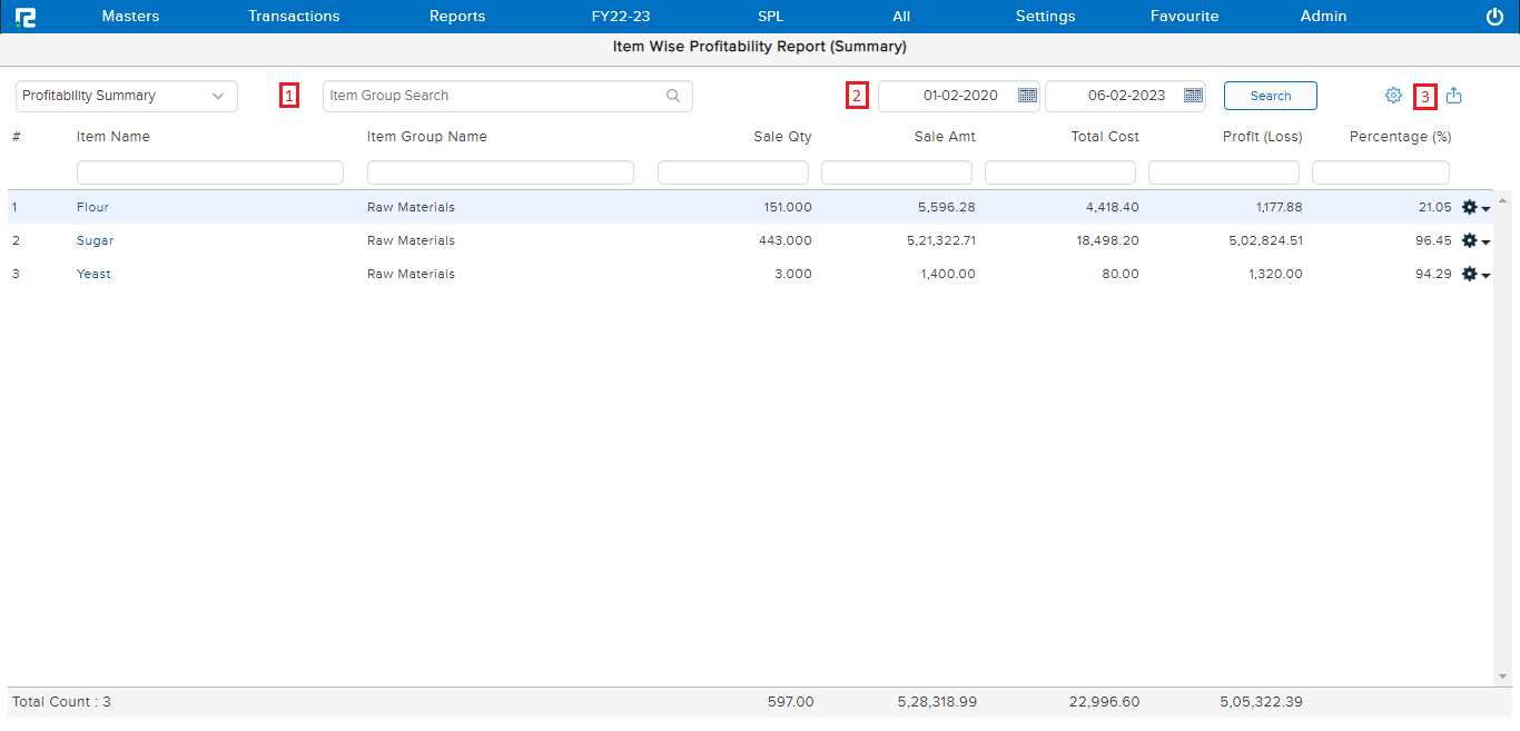 Item Wise Profitability Report Screen
