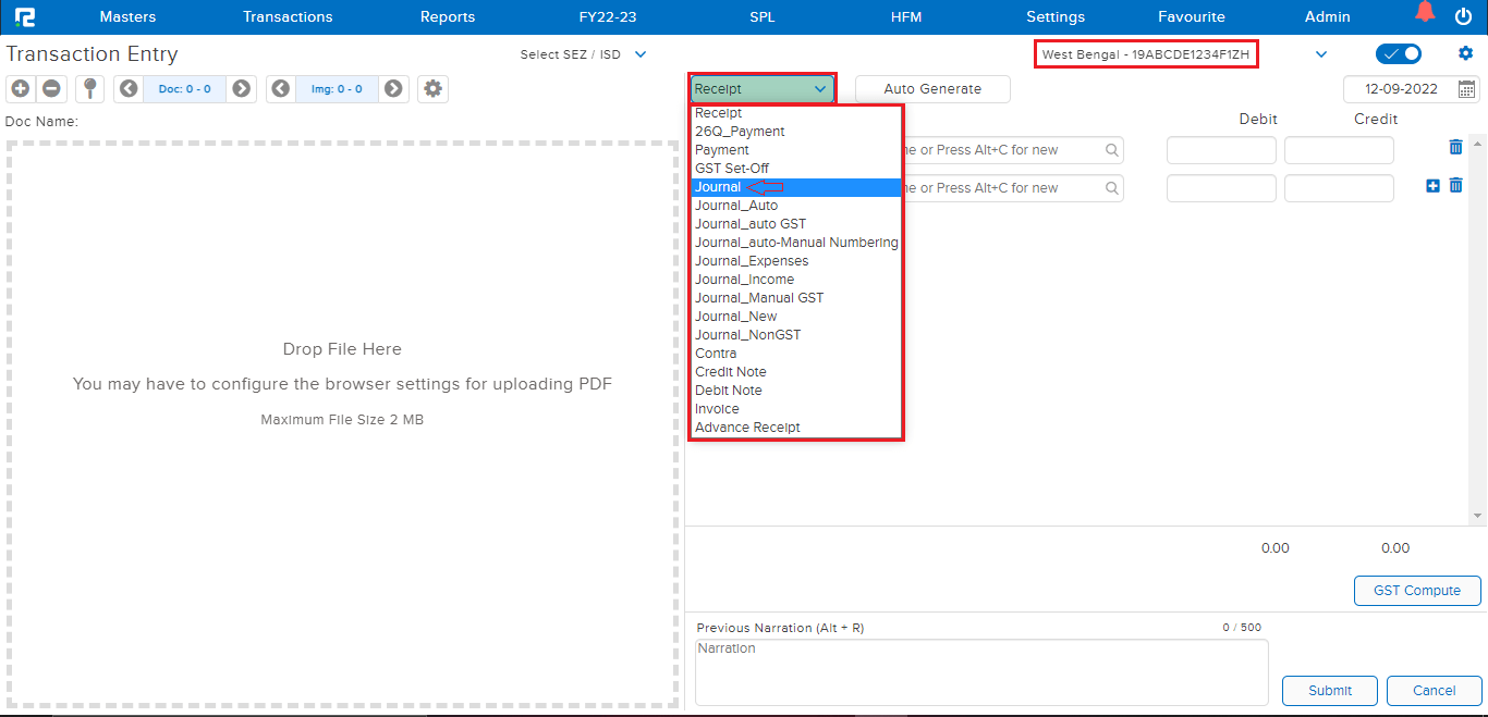 Journal Voucher Selection From Dropdown list