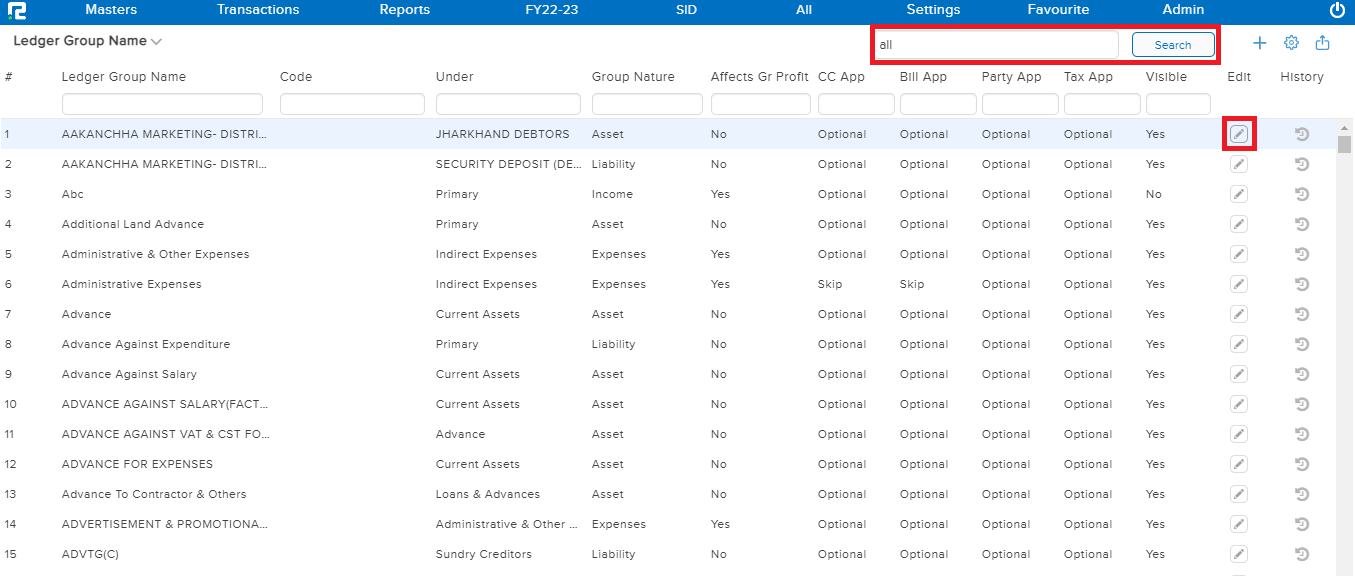 Ledger Group Edit page