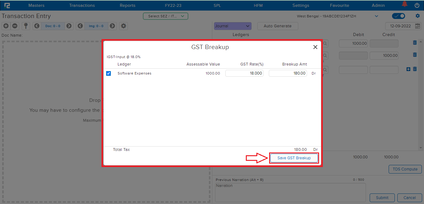 Popup for GST Breakup