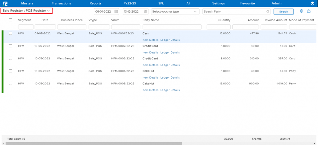 Sale Register - RealBooks | Cloud Accounting Software