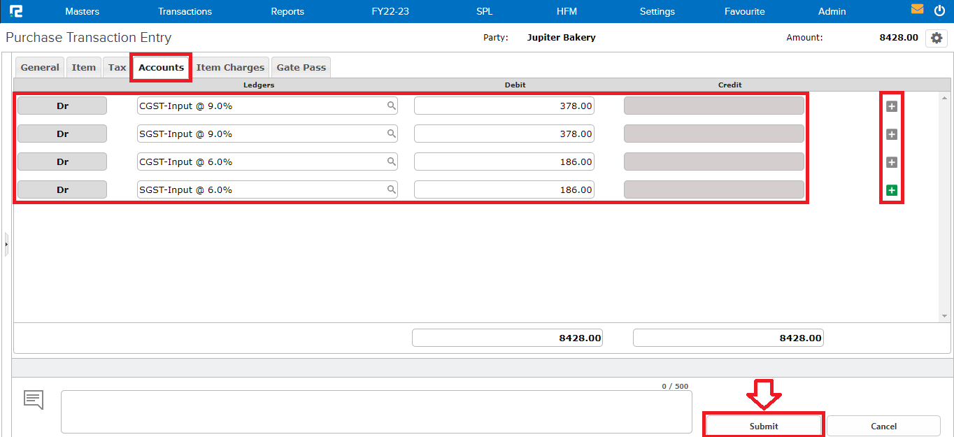 Purchase Accounts tab Screen