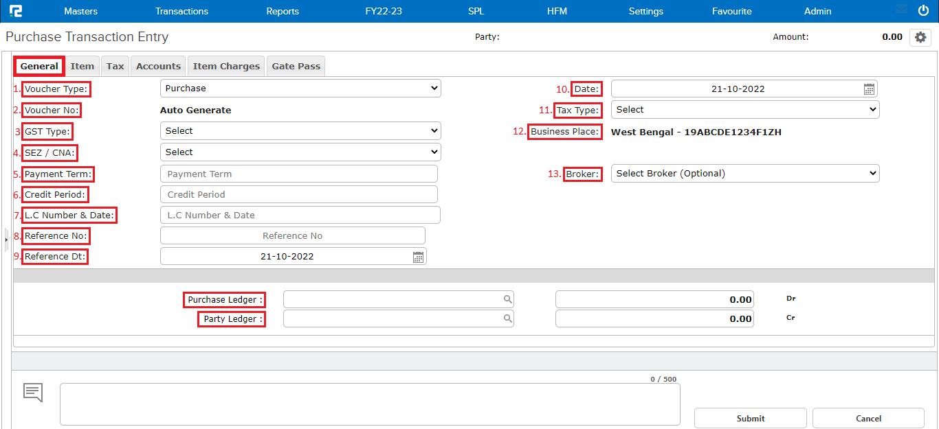Purchase General tab screen