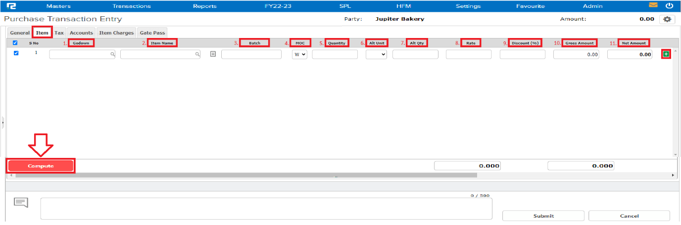 Purchase Item tab screen