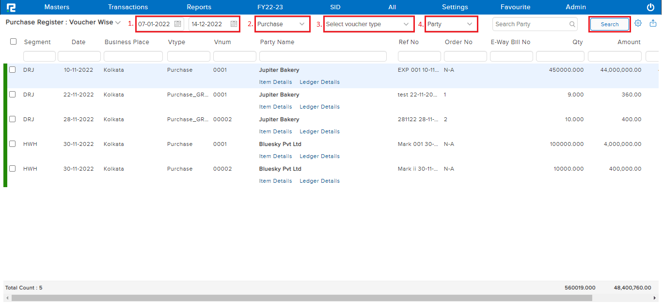 Purchase register screen