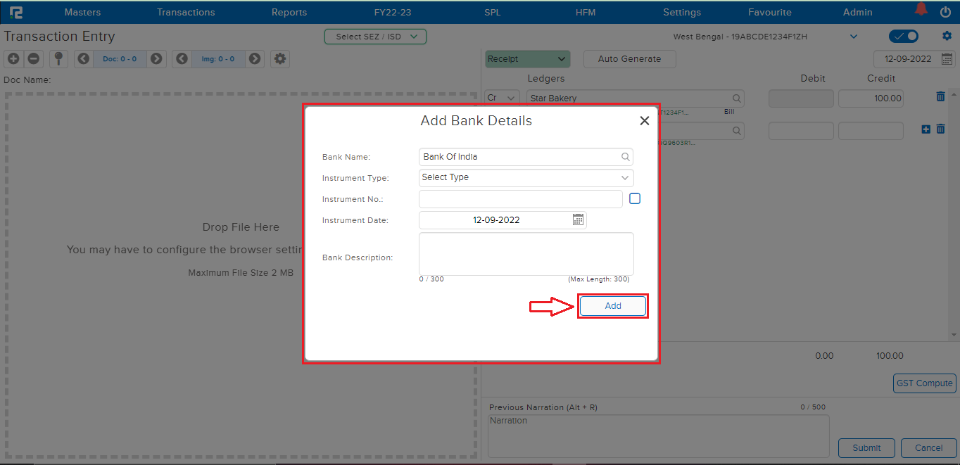 Receipt Bank details popup