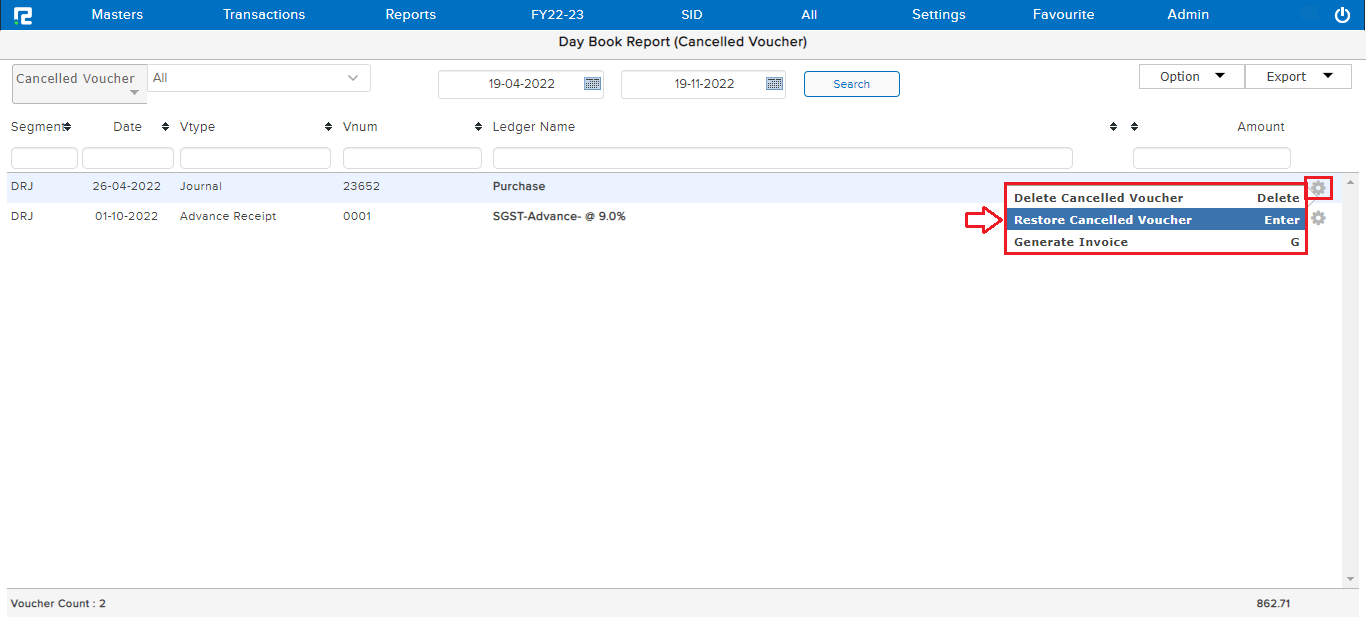 Restore cancel voucher