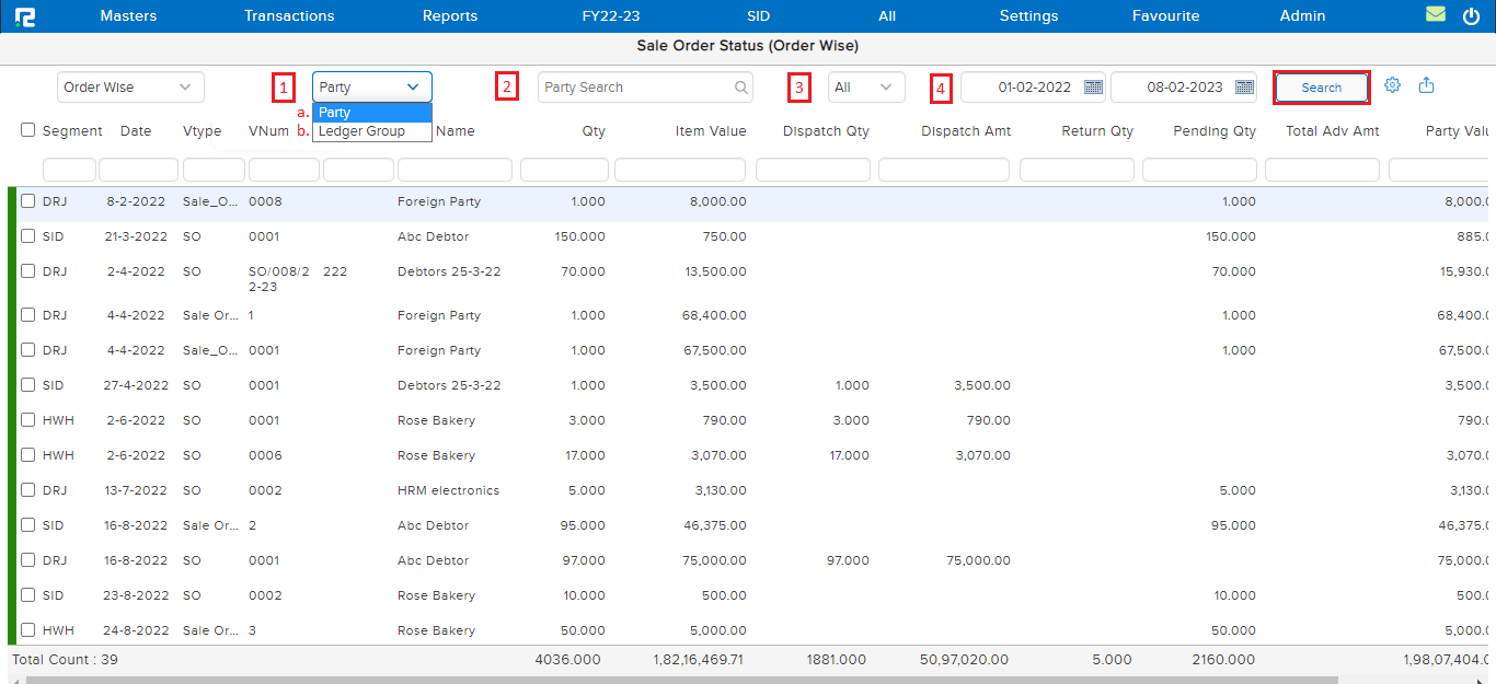 Sale Order Status Screen