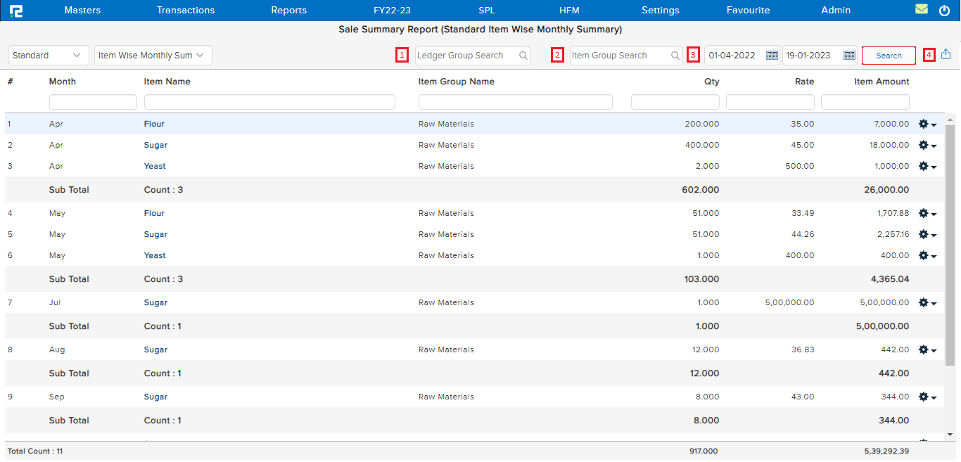 sale summary report screen