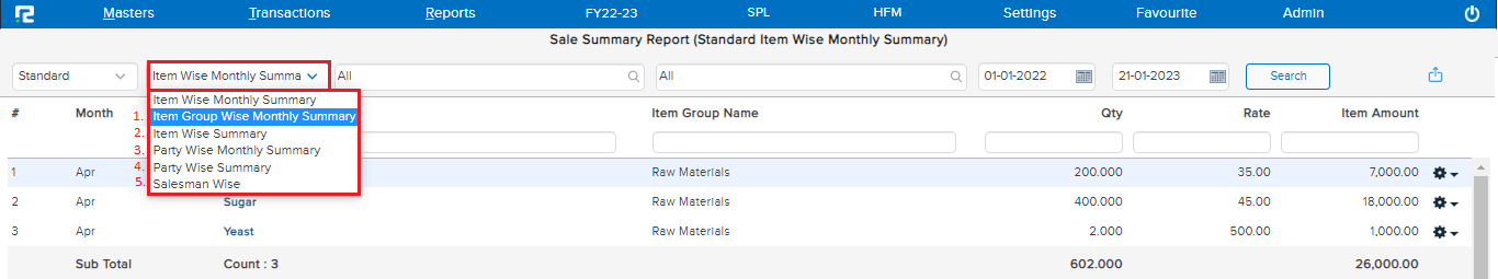 sale summary report variation