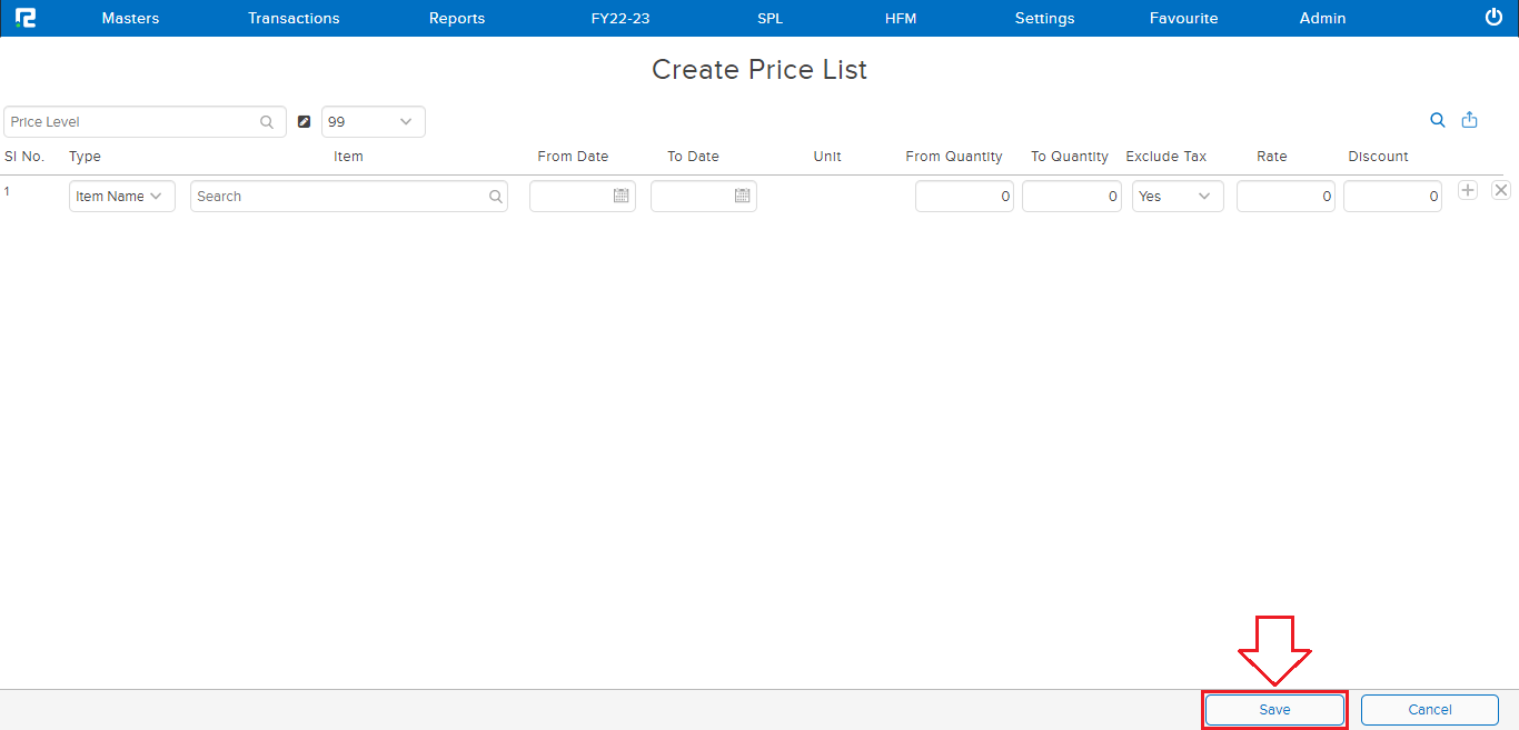 Save screen for price list