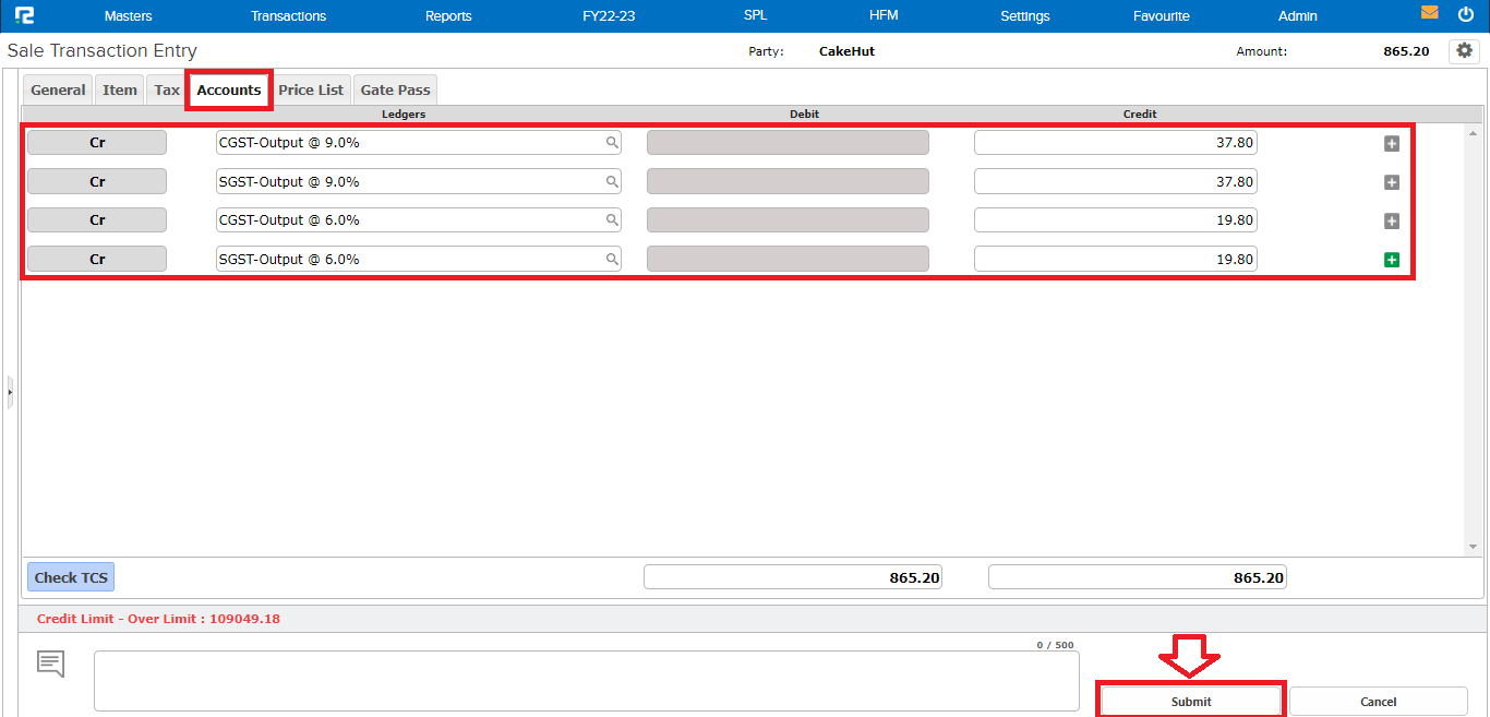 Screen for accounts parts