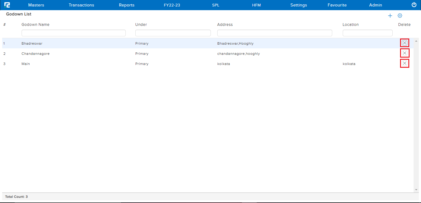 Screen for Delete for godown