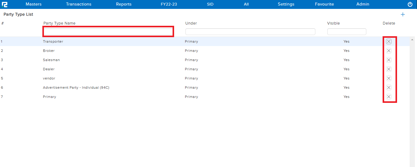Screen for Delete Party type
