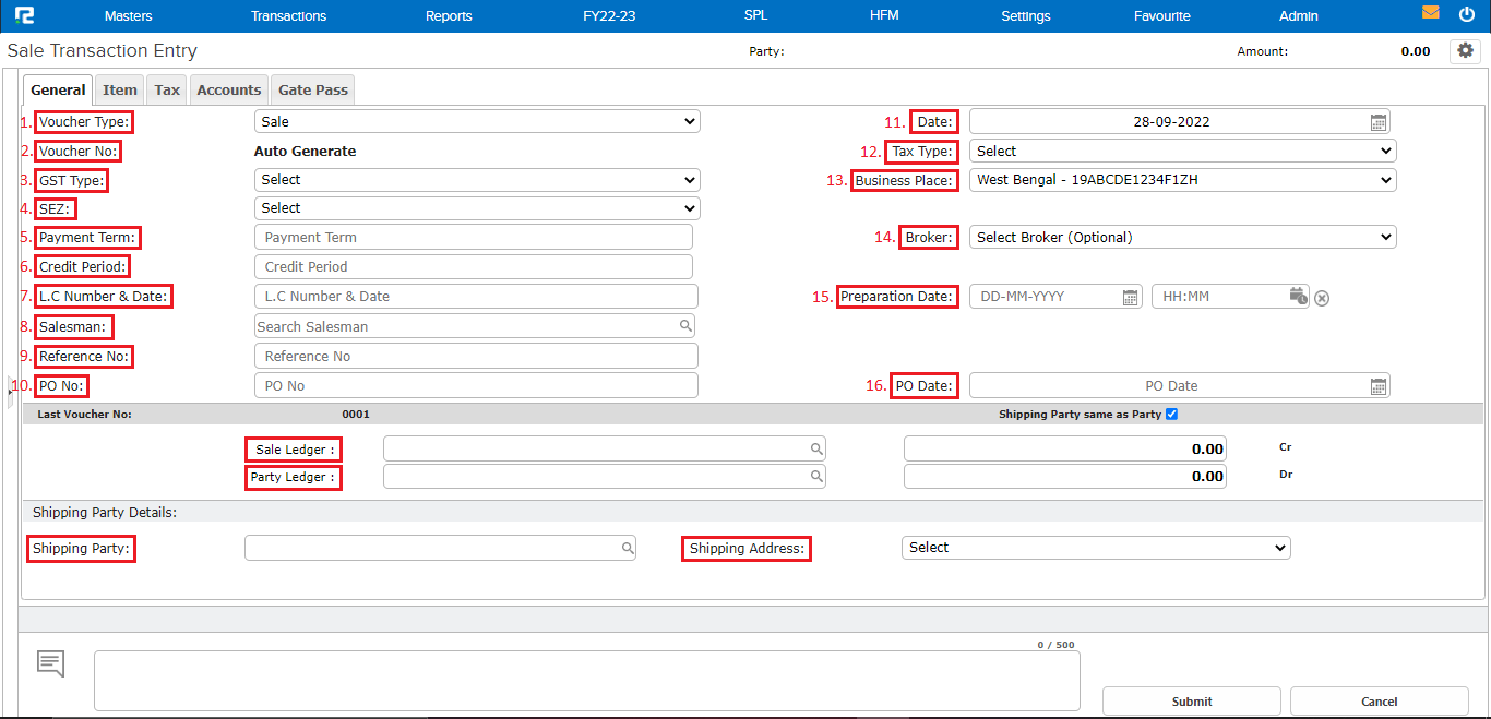Screen for Sales Entry