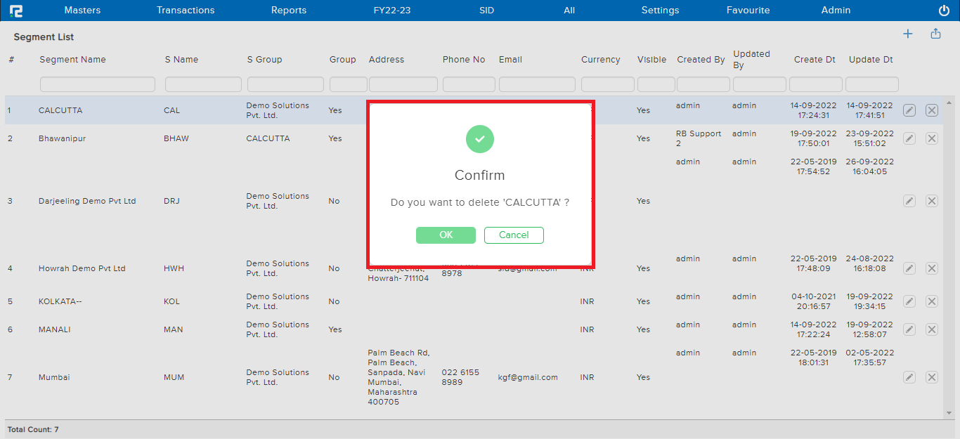 Segment delete pop-up