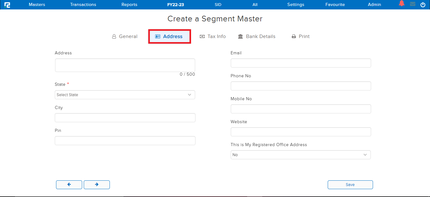 Segment master address screen