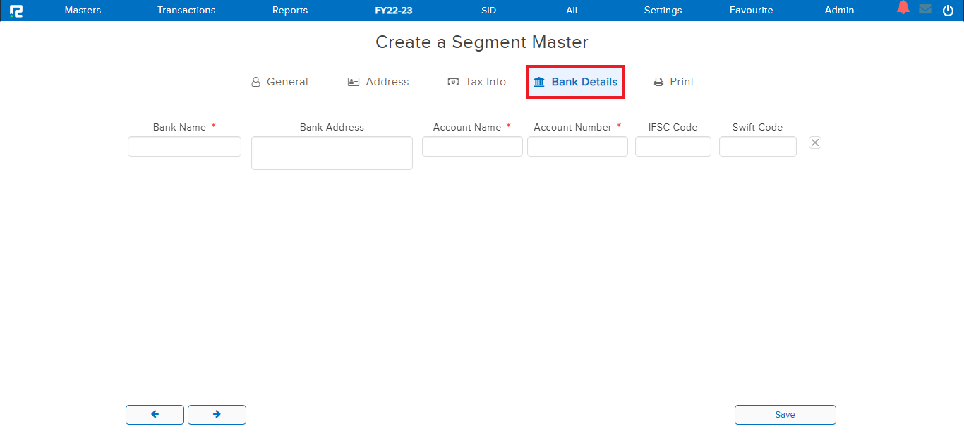 Segment master bank screen