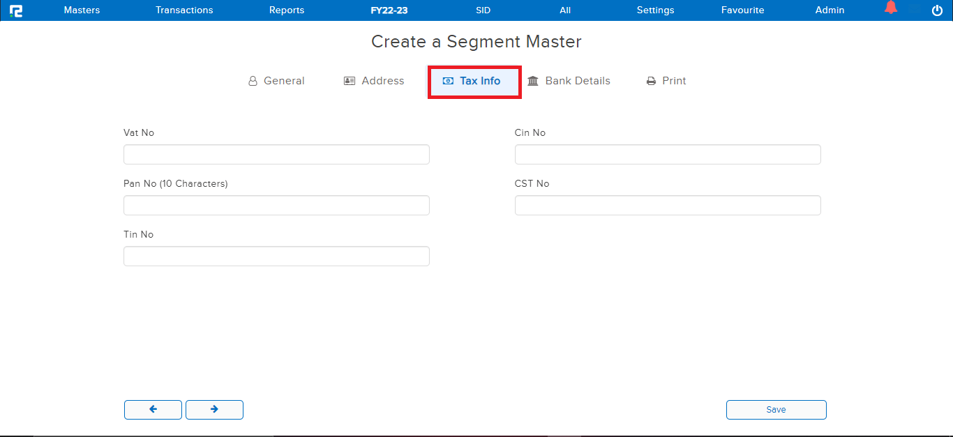Segment master tax screen